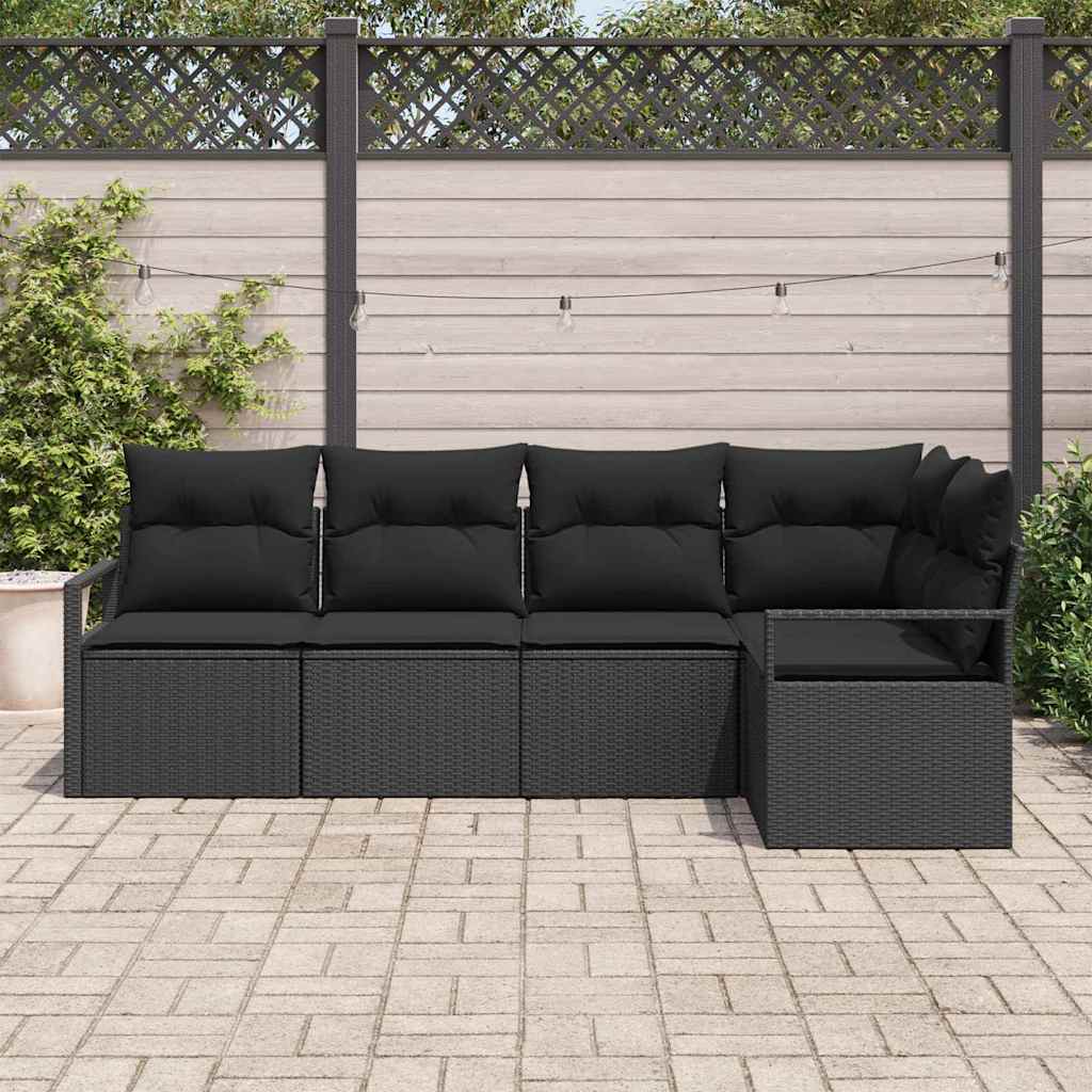 Havesofa Sæt med pude med opbevaring 5 pcs Sort polyrattan