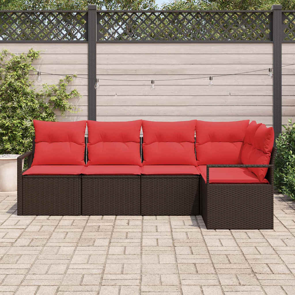 Havesofa Sæt med pude 5 pcs Brun og Rød polyrattan