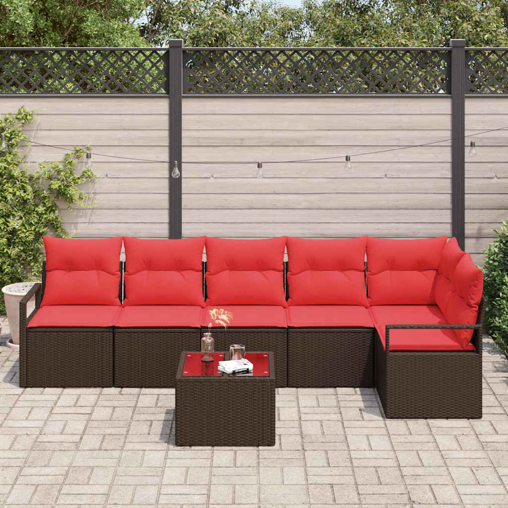 Havesofa Sæt med pude 7 pcs Brun og Rød polyrattan