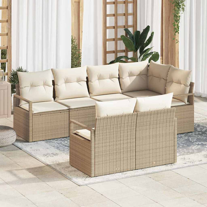 Havesofa Sæt med pude 7 pcs Beige og hvid polyrattan