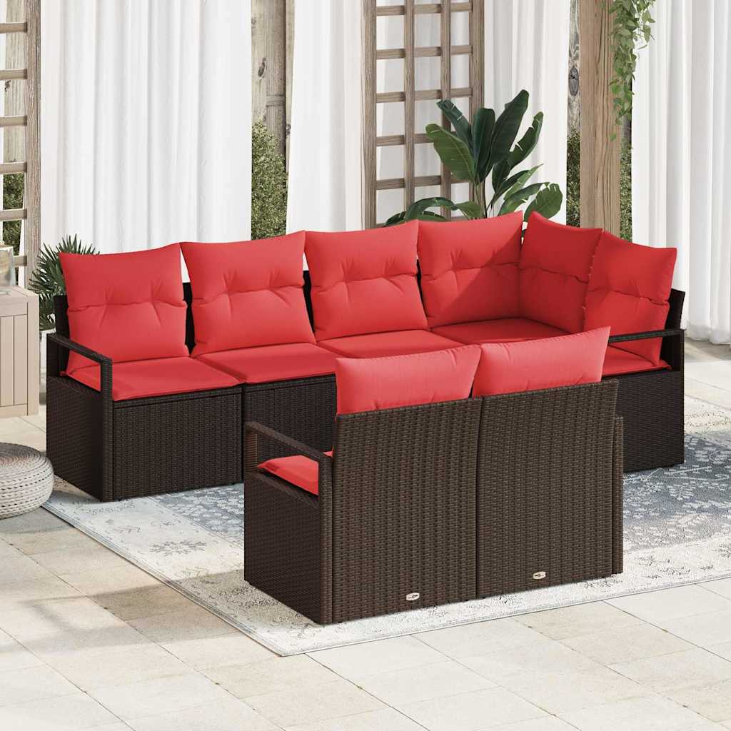 Havesofa Sæt med pude 7 pcs Brun og Rød polyrattan