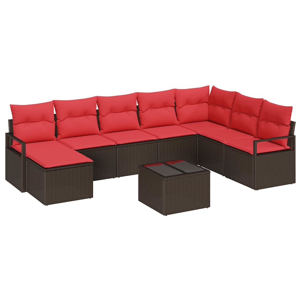Sofa Sæt 9 stk. Brun og Rød polyrattan