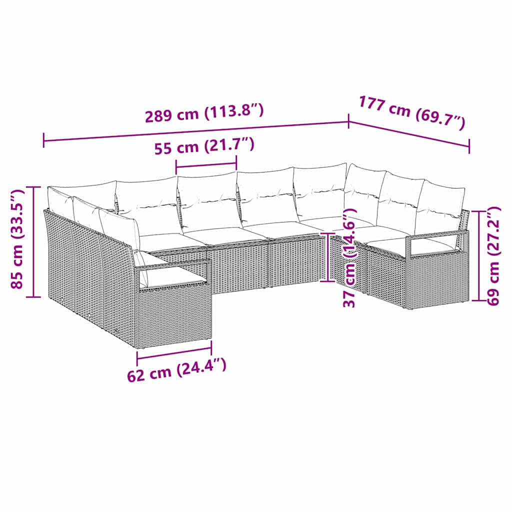 Havesofa Sæt med pude med opbevaring 9 pcs Grå polyrattan