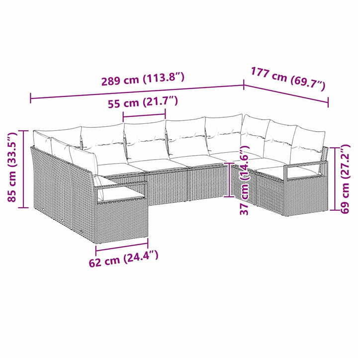 Havesofa Sæt med pude med opbevaring 9 pcs Grå polyrattan