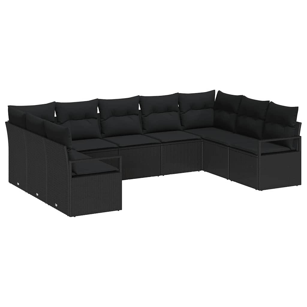 Havesofa Sæt med pude med opbevaring 9 pcs Sort polyrattan