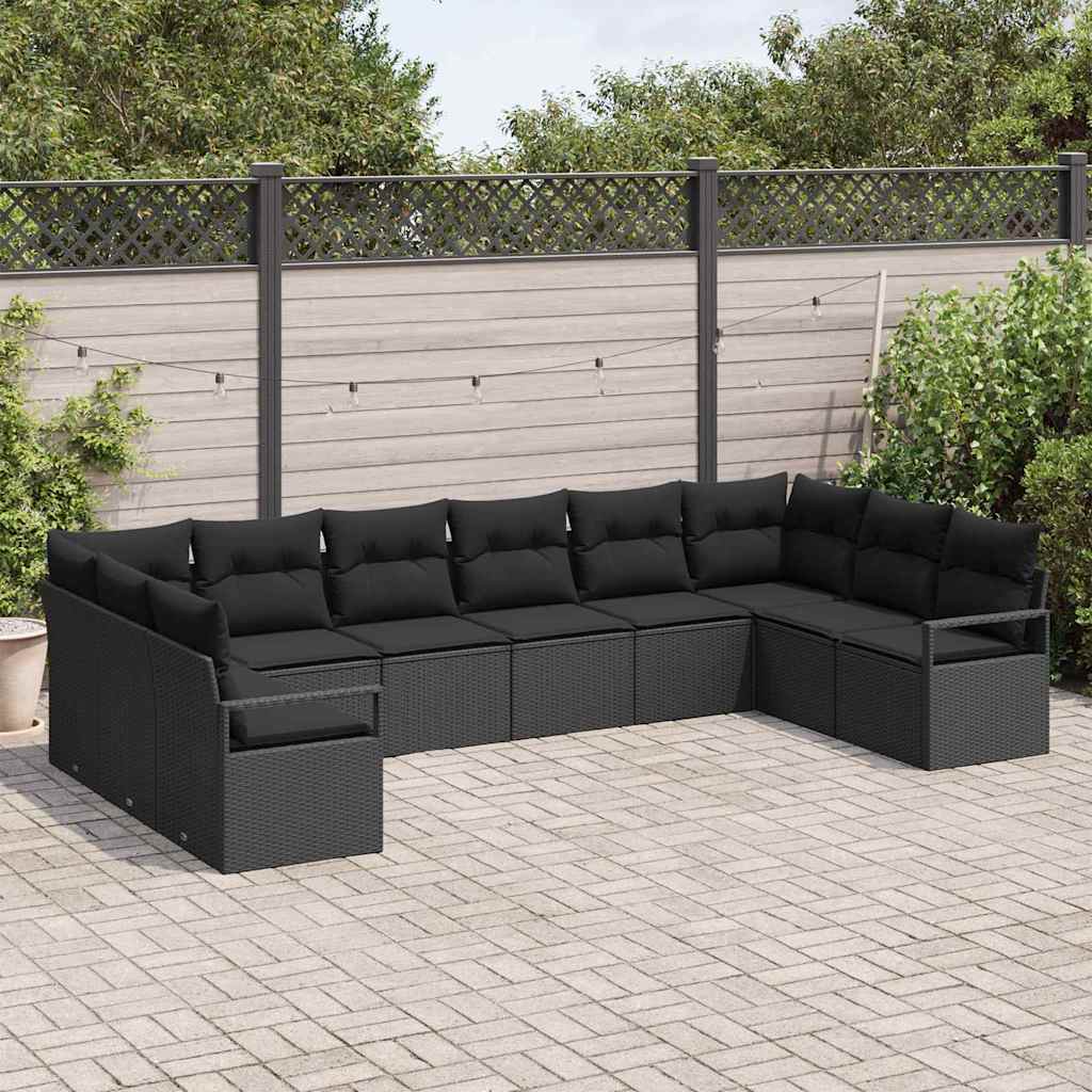 Havesofa Sæt med pude med opbevaring 10 pcs Sort polyrattan