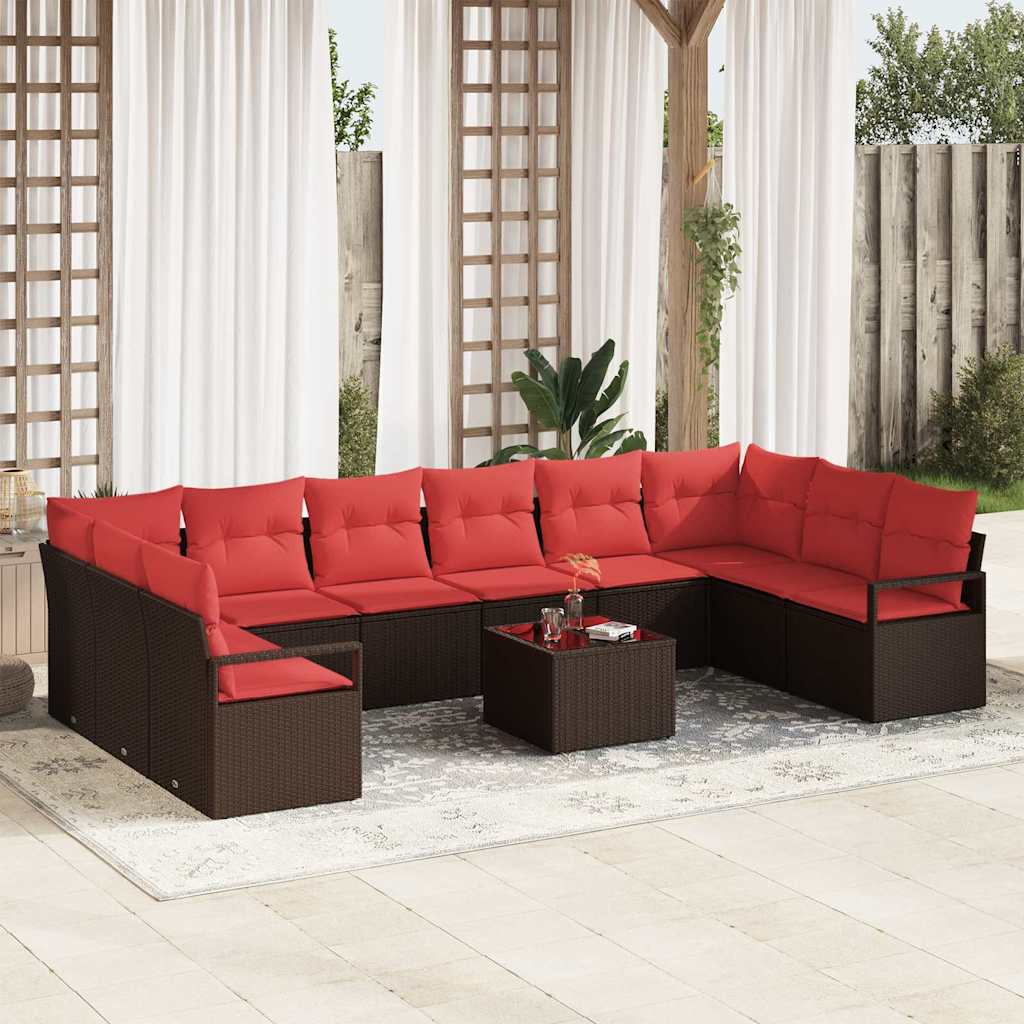 Havesofa Sæt med pude 11 pcs Brun og Rød polyrattan