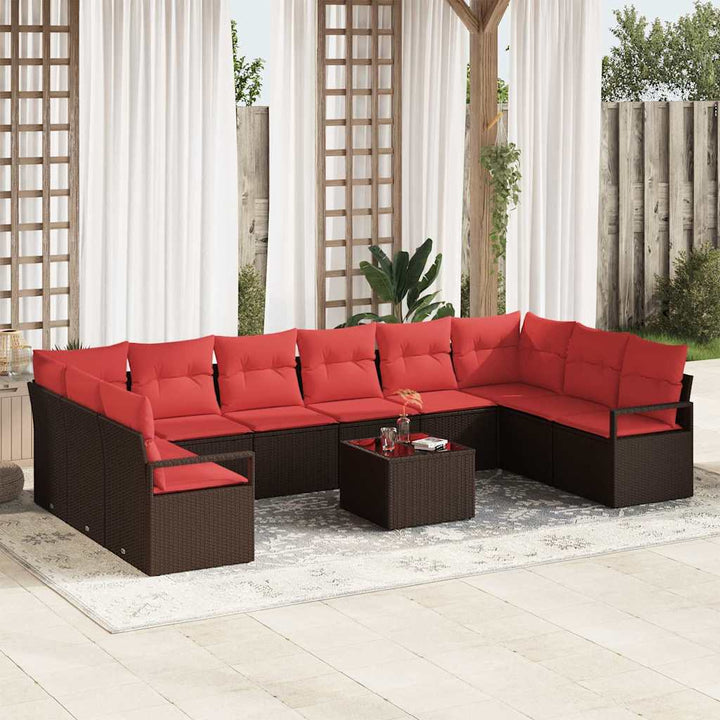 Havesofa Sæt med pude 11 pcs Brun og Rød polyrattan