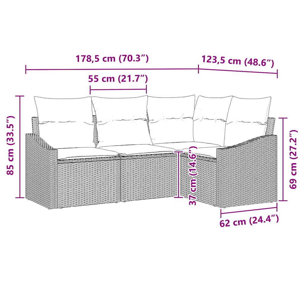 Havesofa Sæt med pude med opbevaring 4 pcs Sort polyrattan