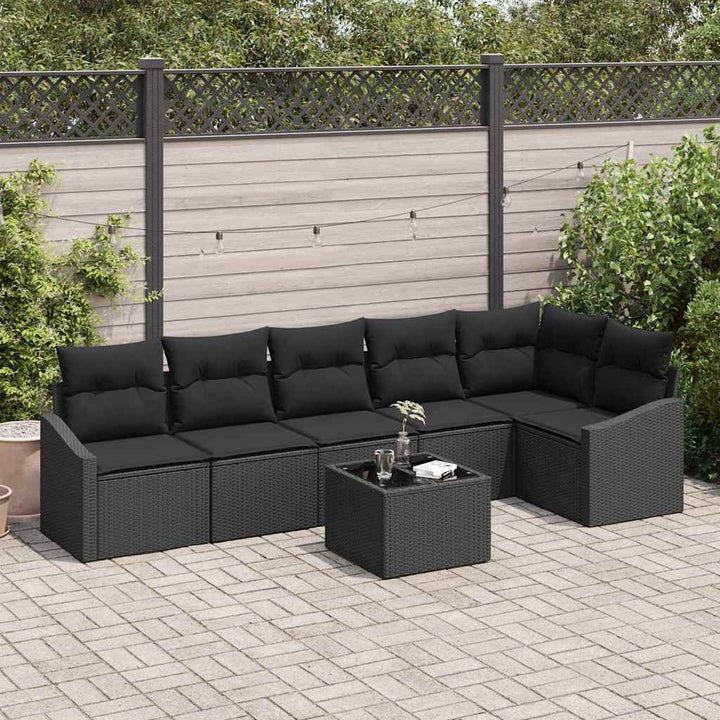 Havesofa Sæt med pude med opbevaring 7 pcs Sort polyrattan