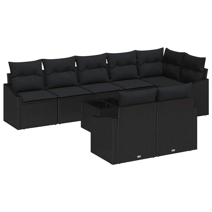 Havesofa Sæt med pude med opbevaring 9 pcs Sort polyrattan