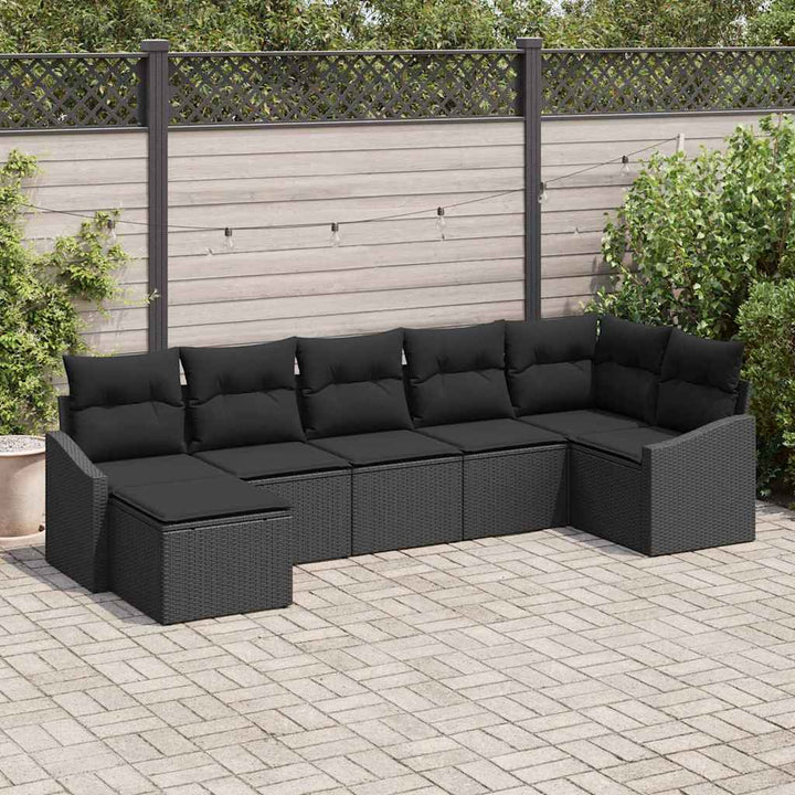Havesofa Sæt med pude med opbevaring 7 pcs Sort polyrattan