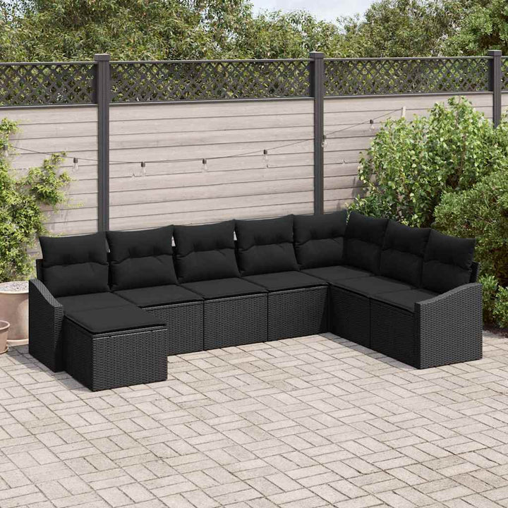 Havesofa Sæt med pude med opbevaring 8 pcs Sort polyrattan