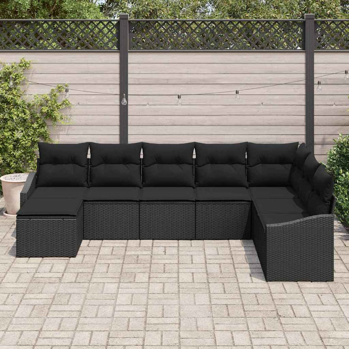 Havesofa Sæt med pude med opbevaring 8 pcs Sort polyrattan