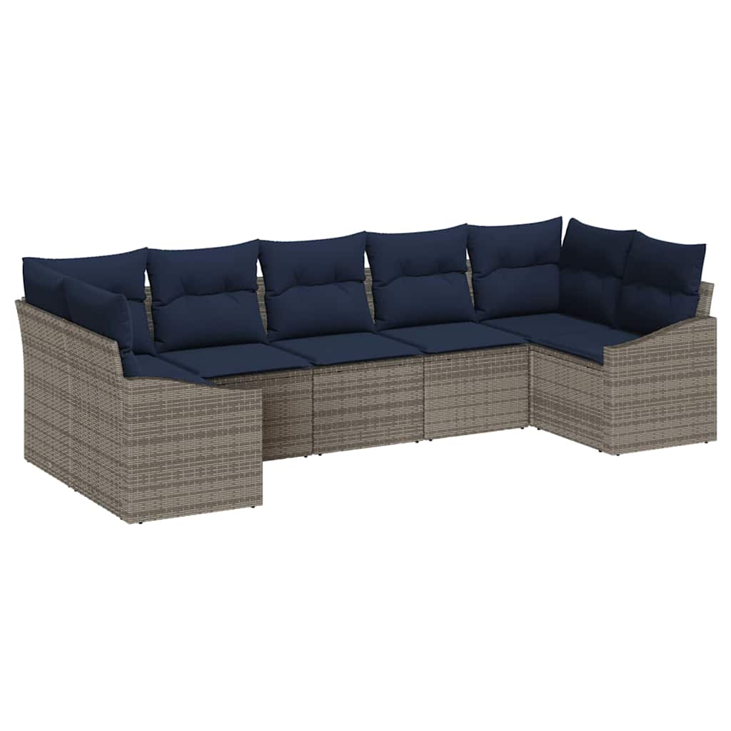 Havesofa Sæt med opbevaring 7 pcs Grå og Marineblå polyrattan