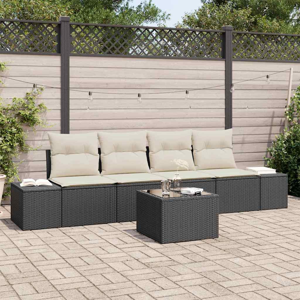 Havesofa Sæt med pude 5 pcs Sort og Cream polyrattan