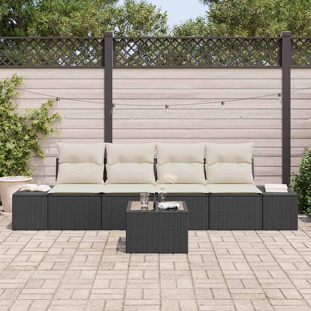 Havesofa Sæt med pude 5 pcs Sort og Cream polyrattan