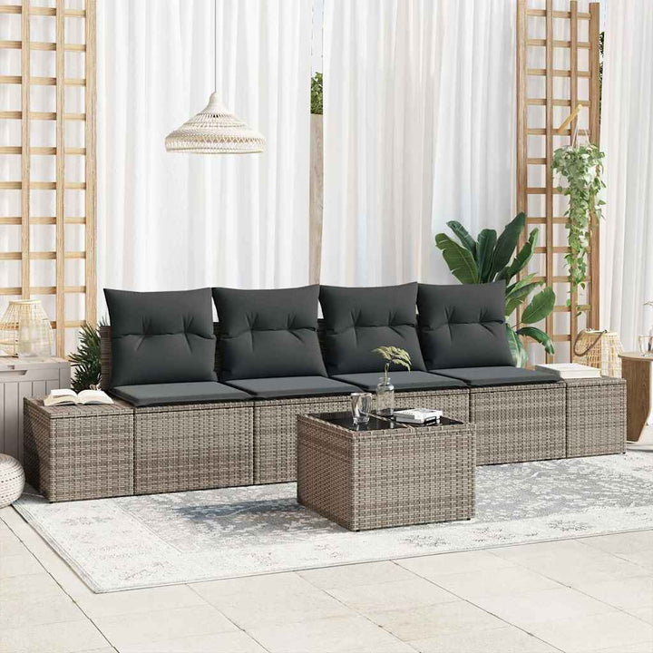 Havesofa Sæt med pude med opbevaring 5 pcs Grå polyrattan