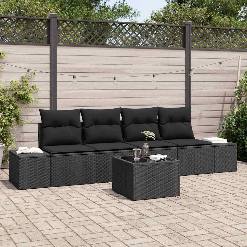 Havesofa Sæt med pude med opbevaring 5 pcs Sort polyrattan
