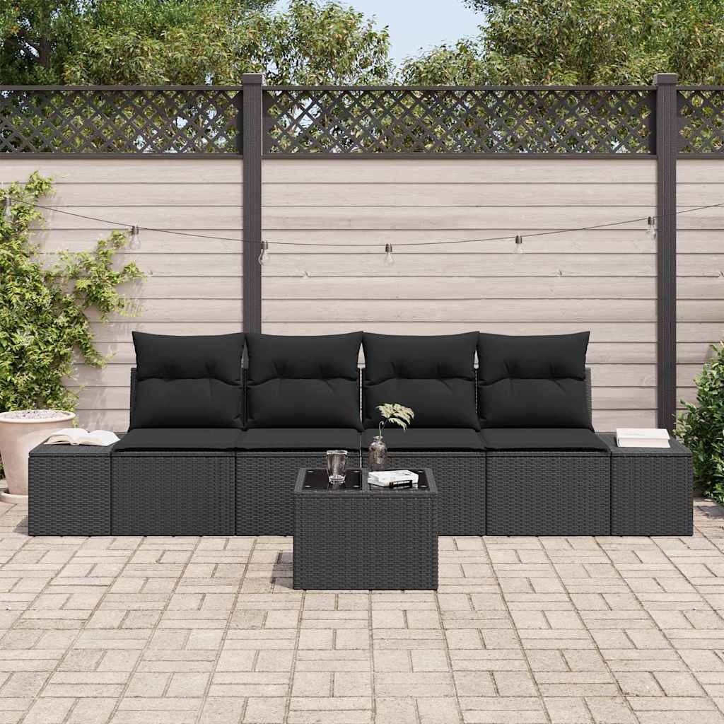 Havesofa Sæt med pude med opbevaring 5 pcs Sort polyrattan