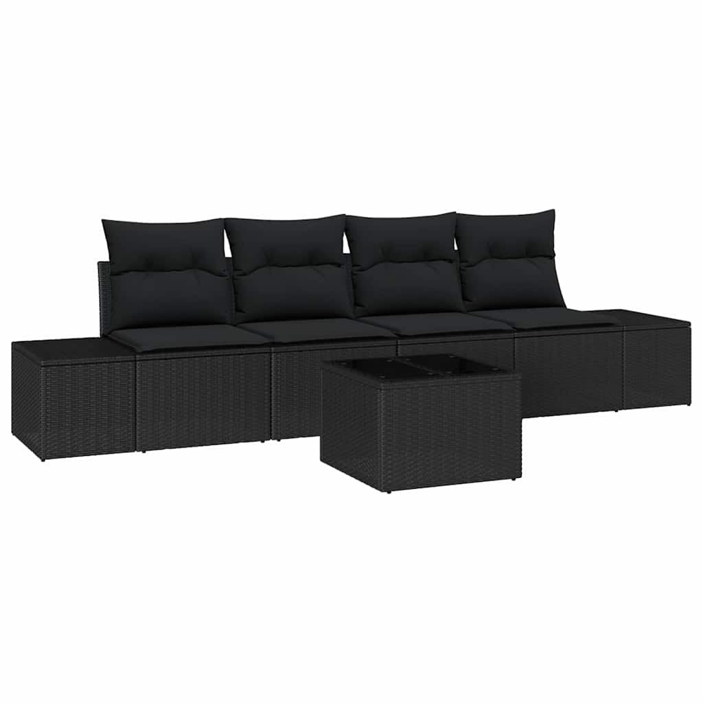 Havesofa Sæt med pude med opbevaring 5 pcs Sort polyrattan