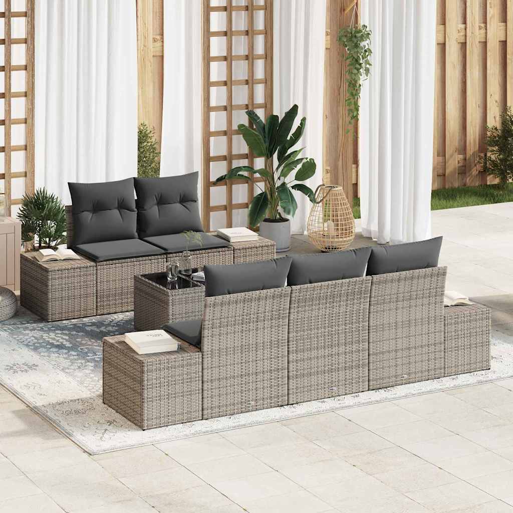 Havesofa Sæt med pude med opbevaring 6 pcs Grå polyrattan