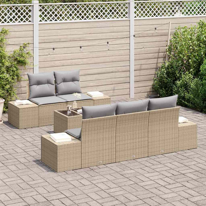 Havesofa Sæt med pude 6 pcs Beige og grå polyrattan