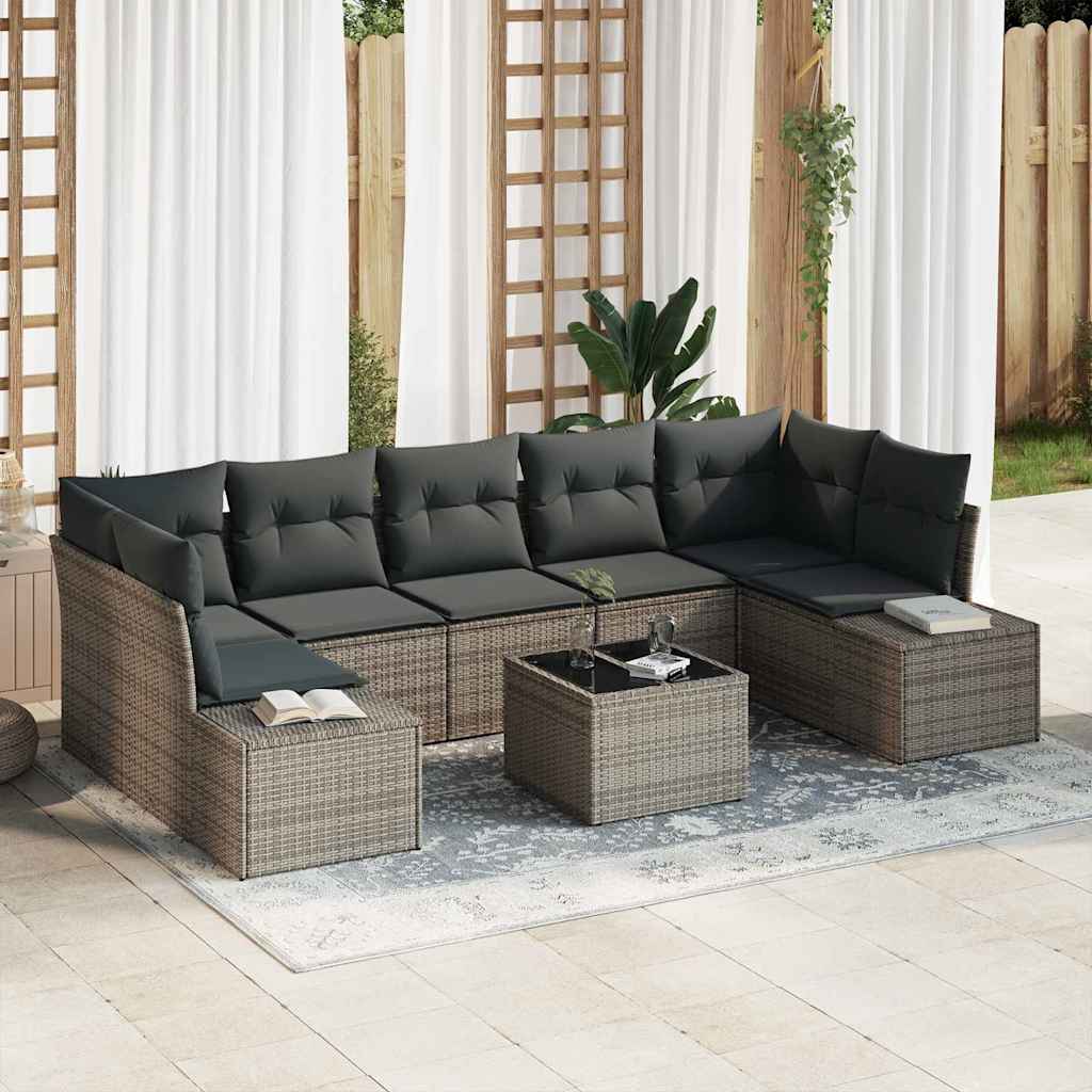 Havesofa Sæt med pude med opbevaring 8 pcs Grå polyrattan