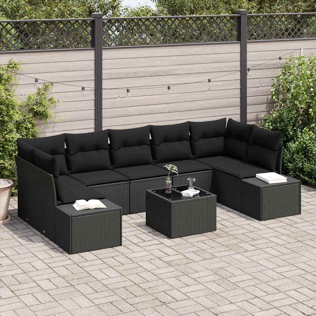 Havesofa Sæt med pude med opbevaring 8 pcs Sort polyrattan
