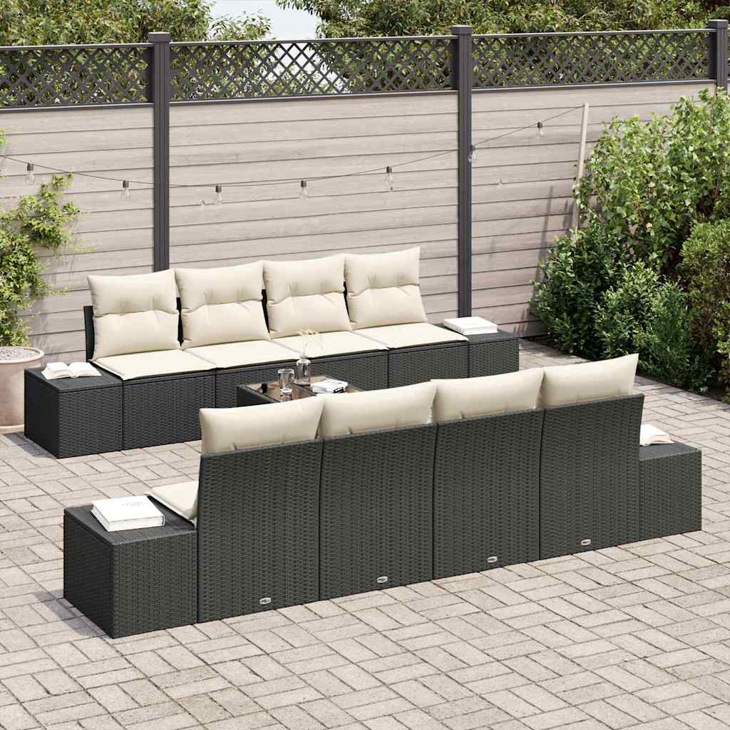 Havesofa Sæt med pude 8 pcs Sort og Cream polyrattan