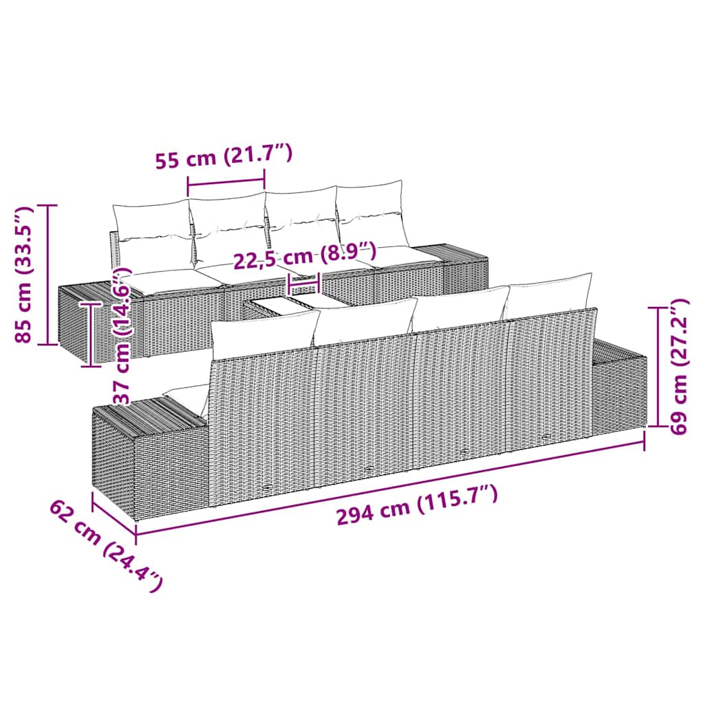 Havesofa Sæt med pude 8 pcs Sort og Cream polyrattan