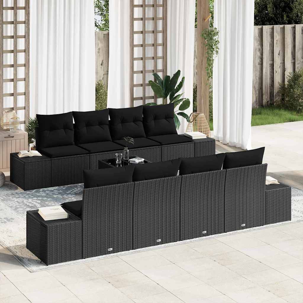 Havesofa Sæt med pude med opbevaring 8 pcs Sort polyrattan