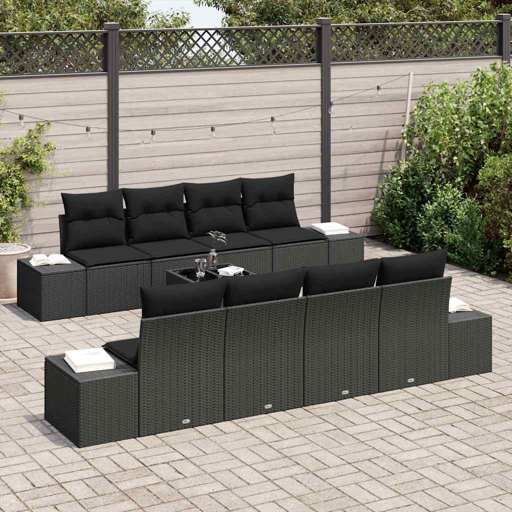 Havesofa Sæt med pude med opbevaring 8 pcs Sort polyrattan