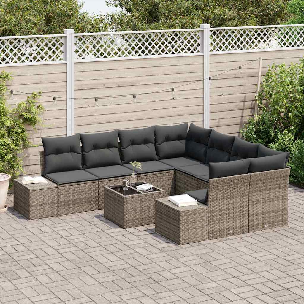 Havesofa Sæt med pude med opbevaring 9 pcs Grå polyrattan