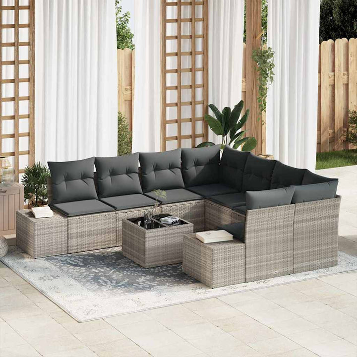 Havesofa Sæt med pude 9 pcs Lysegrå og mørkegrå polyrattan