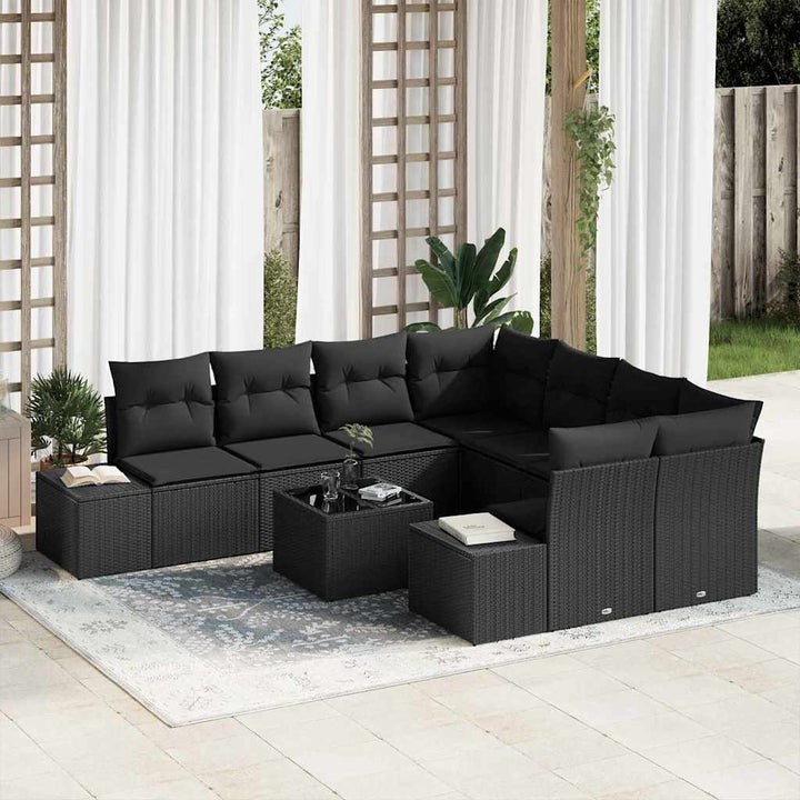 Havesofa Sæt med pude med opbevaring 9 pcs Sort polyrattan