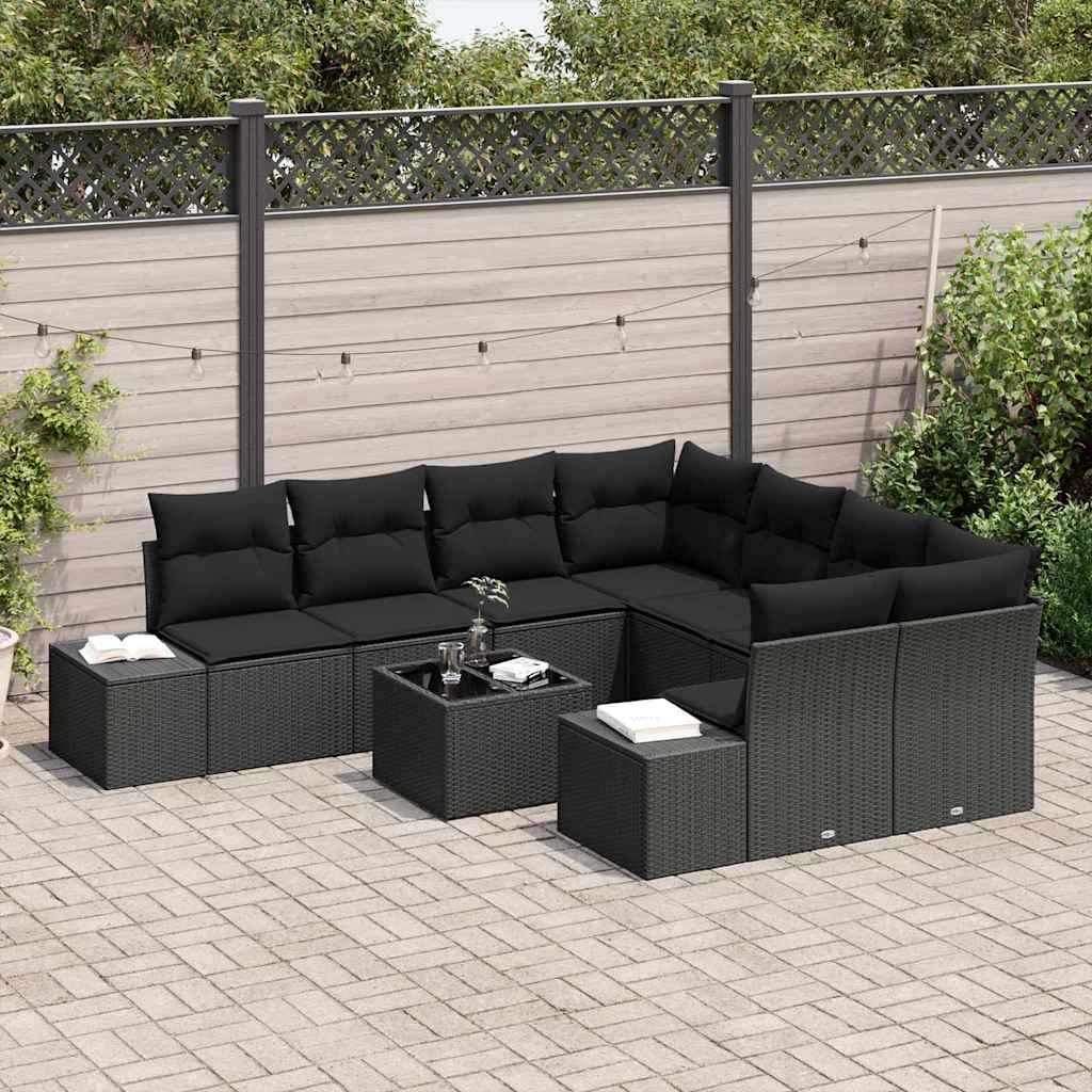 Havesofa Sæt med pude med opbevaring 9 pcs Sort polyrattan