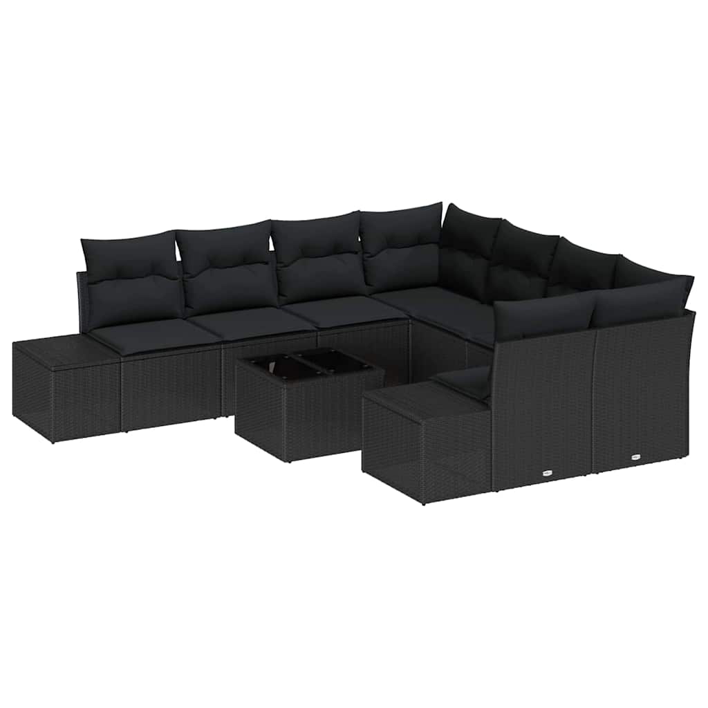 Havesofa Sæt med pude med opbevaring 9 pcs Sort polyrattan