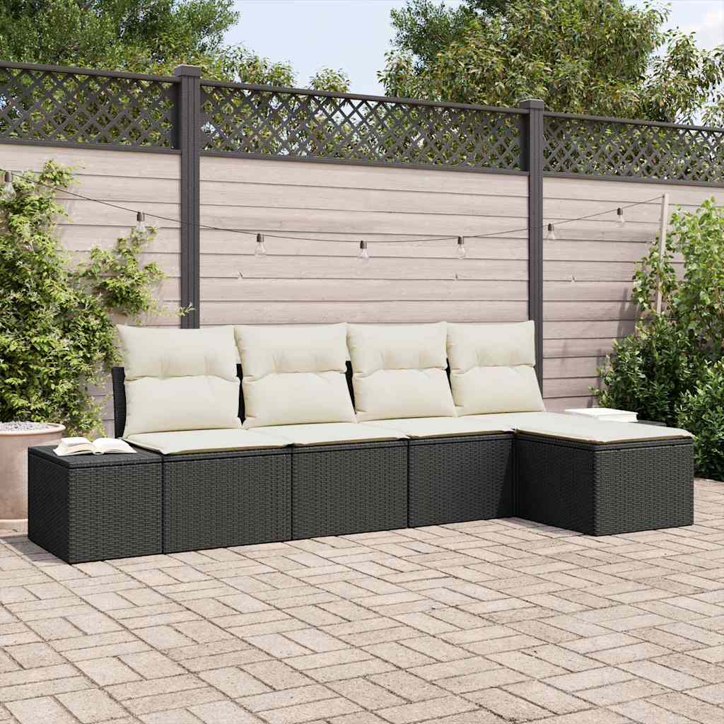 Havesofa Sæt med pude 5 pcs Sort og Cream polyrattan