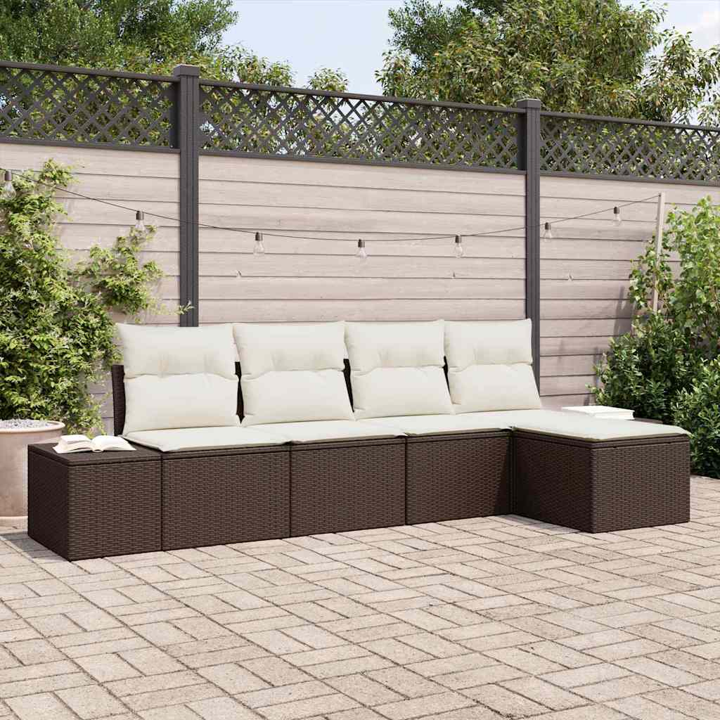 Havesofa Sæt med pude 5 pcs Brun og Creme polyrattan