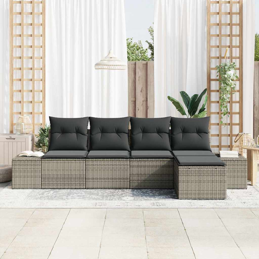 Havesofa Sæt med pude med opbevaring 5 pcs Grå polyrattan