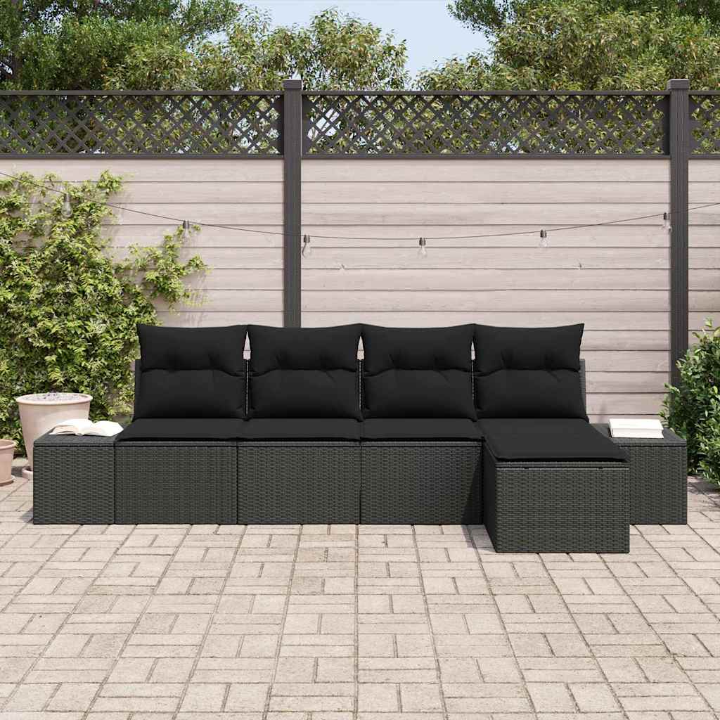 Havesofa Sæt med pude med opbevaring 5 pcs Sort polyrattan