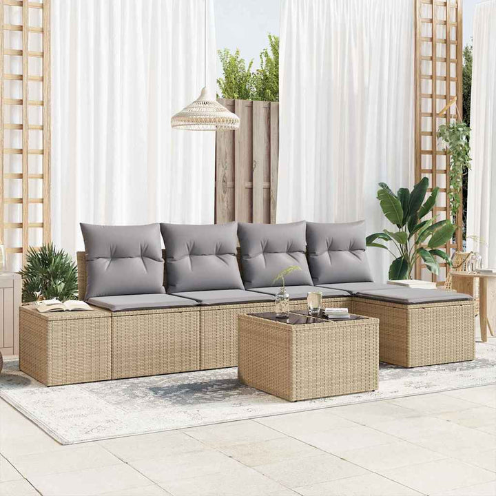 Havesofa Sæt med pude 5 pcs Beige og lys grå polyrattan