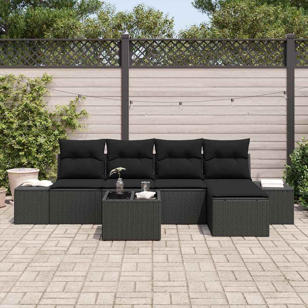 Havesofa Sæt med pude med opbevaring 5 pcs Sort polyrattan