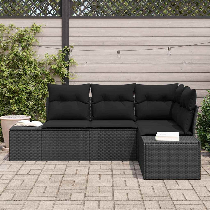 Havesofa Sæt med opbevaring 4 pcs Sort polyrattan