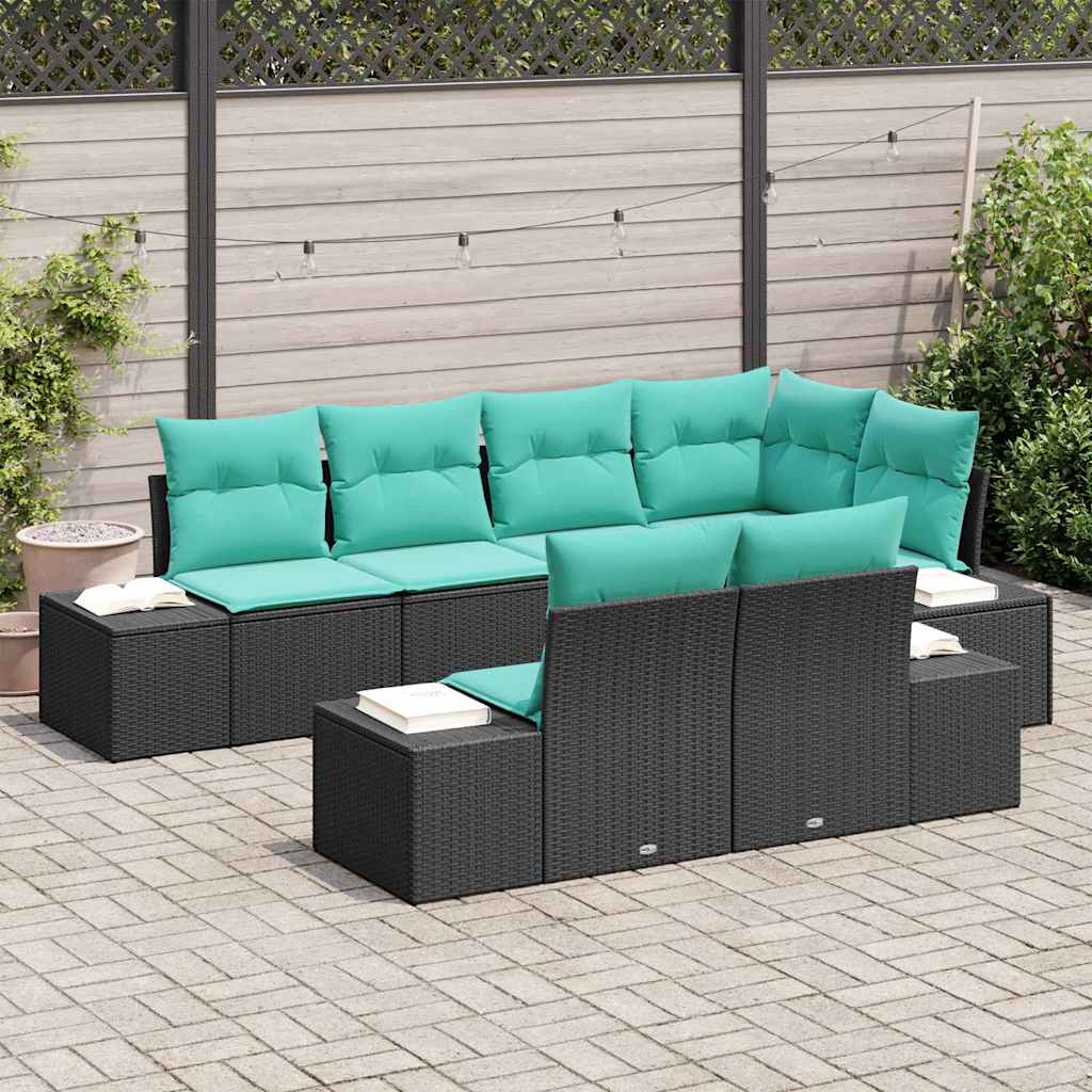 Havesofa Sæt 7 stk. Sort og turkis polyrattan