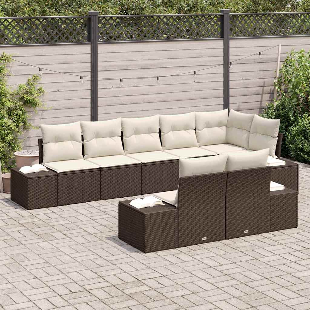 Havesofa Sæt med opbevaring 8 pcs Brun og Creme Poly rattan