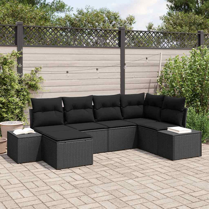 Havesofa Sæt med pude med opbevaring 6 pcs Sort polyrattan