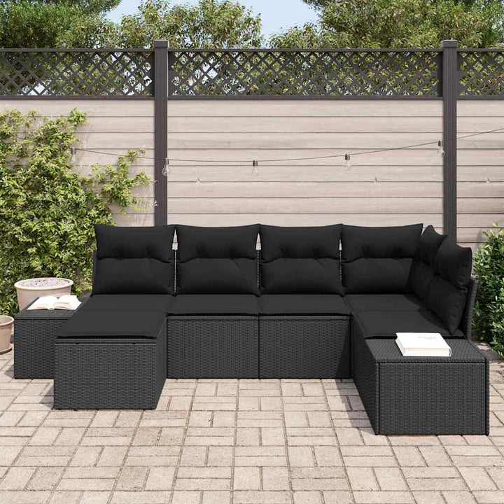 Havesofa Sæt med pude med opbevaring 6 pcs Sort polyrattan