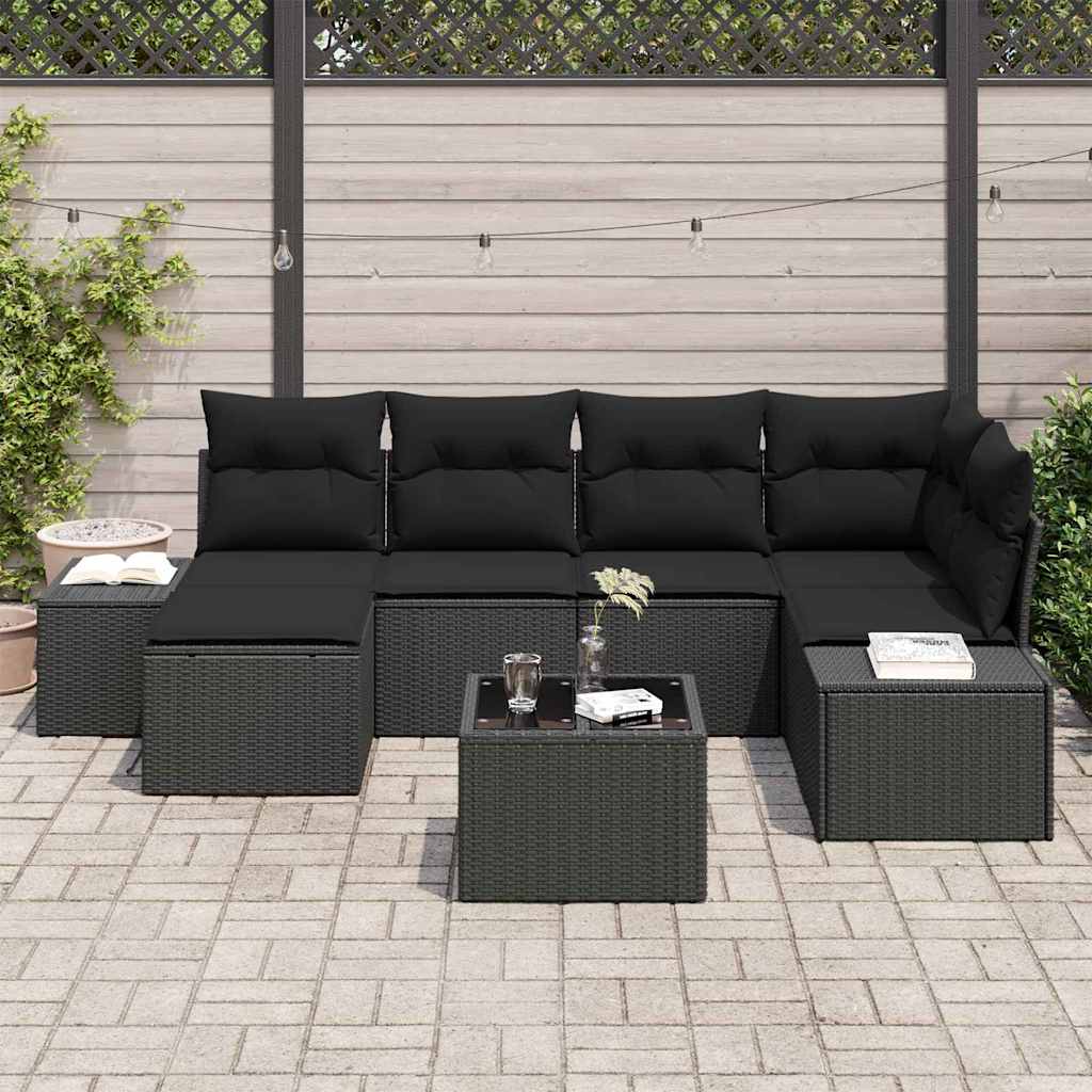 Havesofa Sæt med pude med opbevaring 6 pcs Sort polyrattan